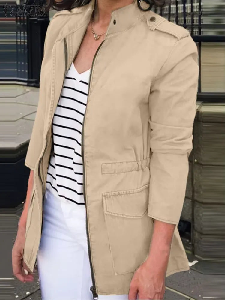 Damen Cargo Jacke – Relaxed Fit – Cotton – Stehkragen – Reißverschluss – Taschen