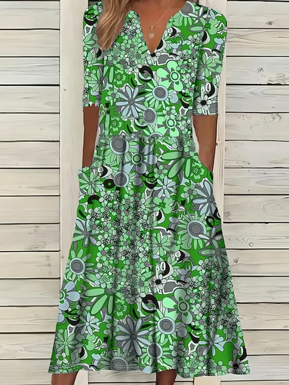 Damen Maxikleid – Fit and Flare – V-Ausschnitt – Kurzarm – Blumenmuster – Atmungsaktives Gewebe