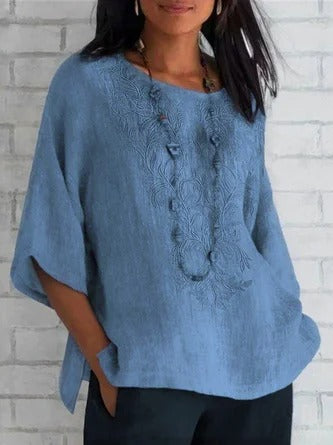 Damen Bluse – Lockerer Schnitt – Bestickte Front – Kurzarm – Natürliche Fasern