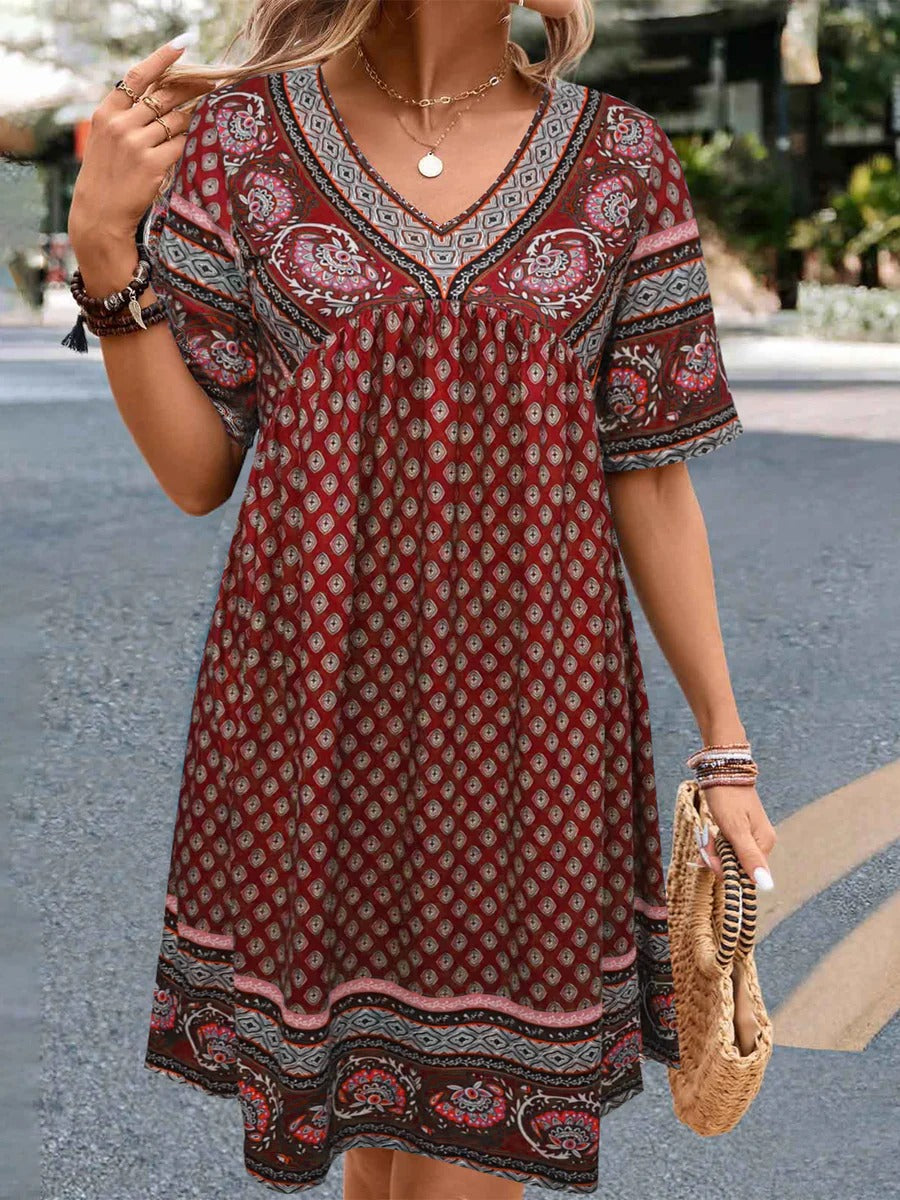Damen Kleid – Lockerer Schnitt – V-Ausschnitt – Ethno-Muster – Baumwollgefühl – Knielang