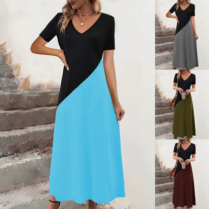 Damen Maxikleid – V-Ausschnitt – Kurzarm – Figurbetontes Oberteil – Colorblock Design