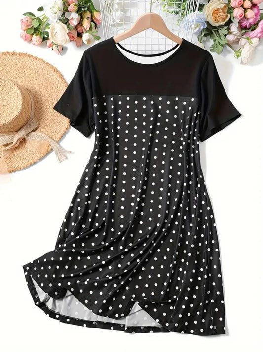 Damen A-Linienkleid – Polka Dots – Knielang – Kurzarm – Leichter Stoff – Casual Fit