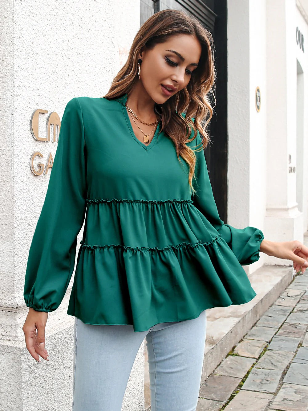 Damen Bluse – V-Ausschnitt – Flounce-Lagen – Lockere Passform – Lange Ärmel