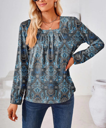 Damen Bluse – Lockerer Schnitt – Florales Paisley Muster – Langarm mit eckigem Ausschnitt