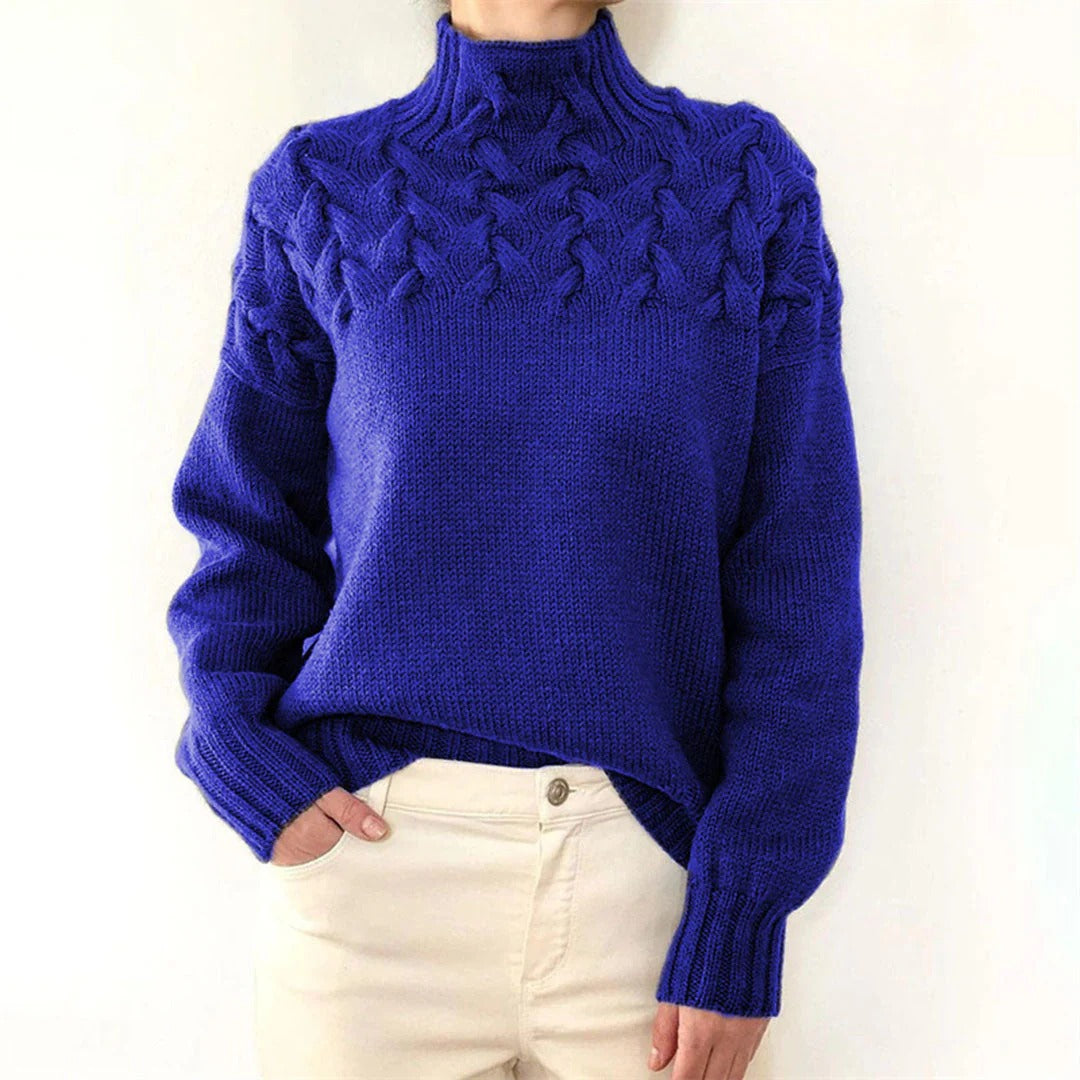 Damen Rollkragenpullover – Wollmix – Lockerer Schnitt – Grobstrick Zopfmuster