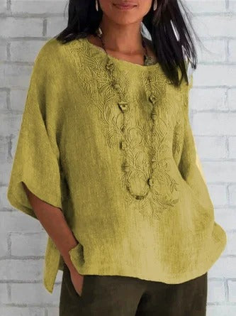 Damen Bluse – Lockerer Schnitt – Bestickte Front – Kurzarm – Natürliche Fasern