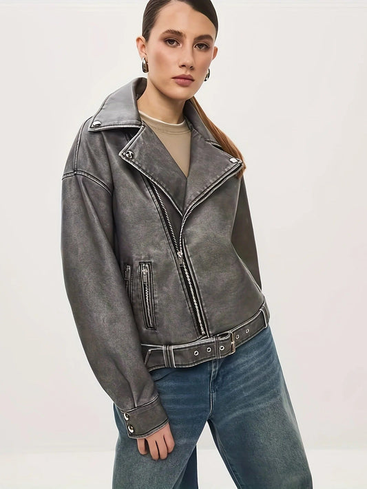 Damen Lederjacke – Oversized Fit – Bikerstil – Taillengürtel – Silberdetails