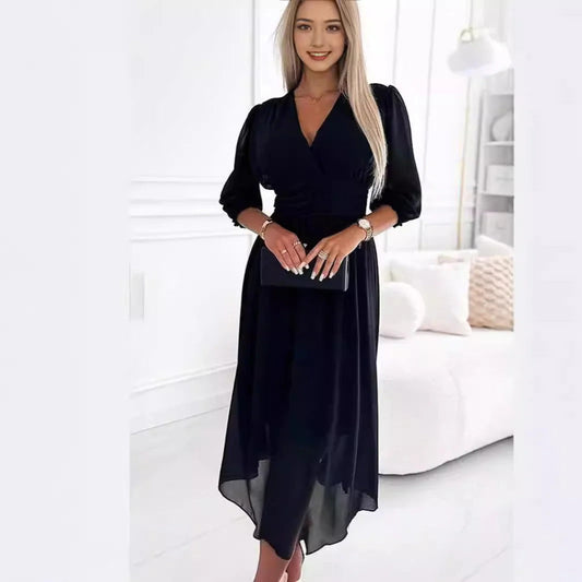 Damen Maxikleid – V-Ausschnitt – Lange Ärmel – Fließender Schnitt – Luxusstoff