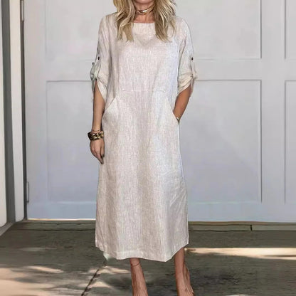 Damen Maxikleid – Linnen Stil – Lockerer Schnitt – Krempelärmel – Seitentaschen