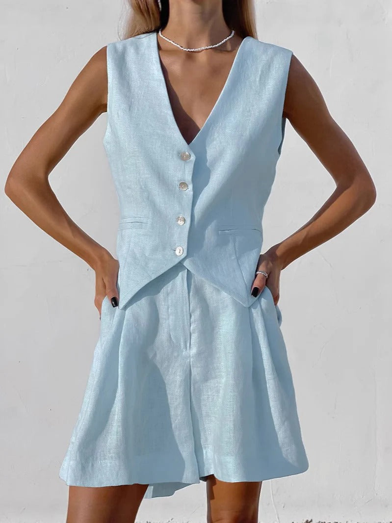 Damen Blazer Ärmellos – Linnen – Relaxed Fit – Tailliert – V-Ausschnitt – Knöpfe