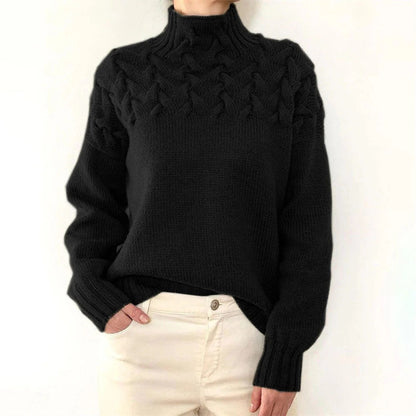 Damen Rollkragenpullover – Wollmix – Lockerer Schnitt – Grobstrick Zopfmuster