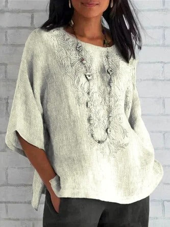 Damen Bluse – Lockerer Schnitt – Bestickte Front – Kurzarm – Natürliche Fasern