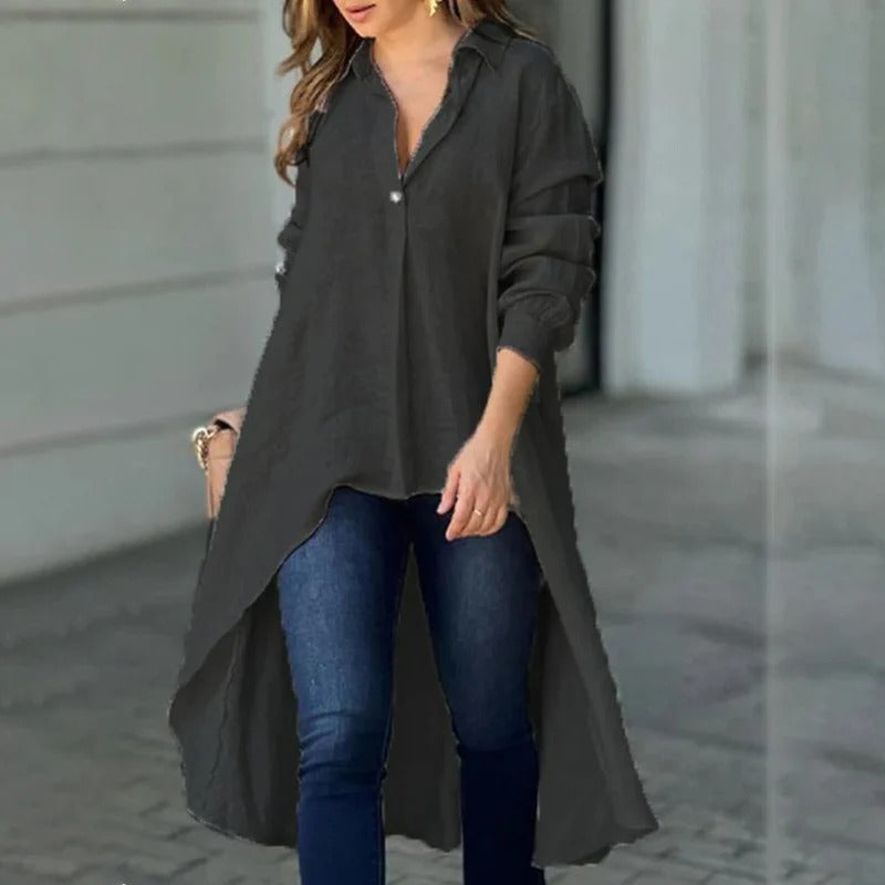 Damen Bluse – Lockerer Schnitt – Lange Ärmel – High-Low Saum – Baumwollmix