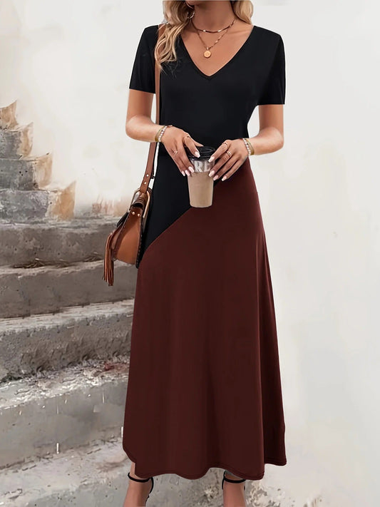 Damen Maxikleid – V-Ausschnitt – Kurzarm – Figurbetontes Oberteil – Colorblock Design