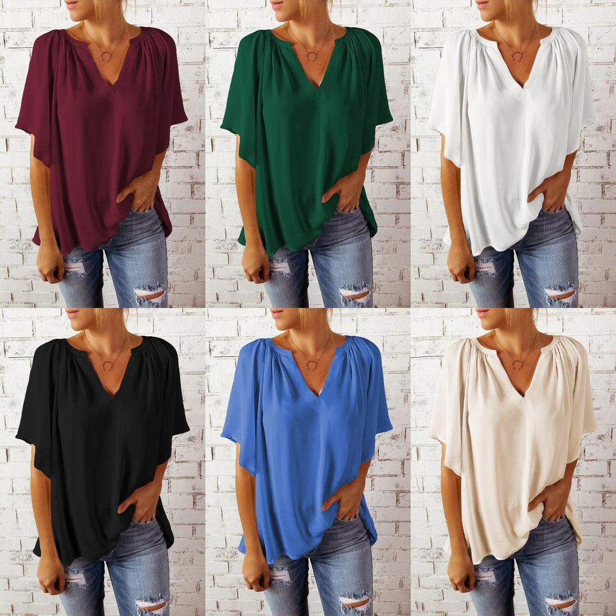 Damen Bluse – Lockerer Schnitt – V-Ausschnitt – Kurzarm – Leicht und Atmungsaktiv