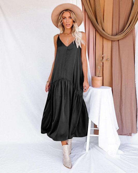 Damen Maxikleid – Fließender Schnitt – V-Ausschnitt – Rüschensaum – Seidenähnlich