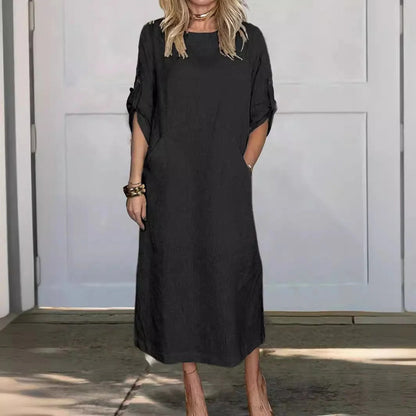 Damen Maxikleid – Linnen Stil – Lockerer Schnitt – Krempelärmel – Seitentaschen