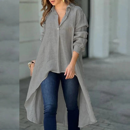 Damen Bluse – Lockerer Schnitt – Lange Ärmel – High-Low Saum – Baumwollmix