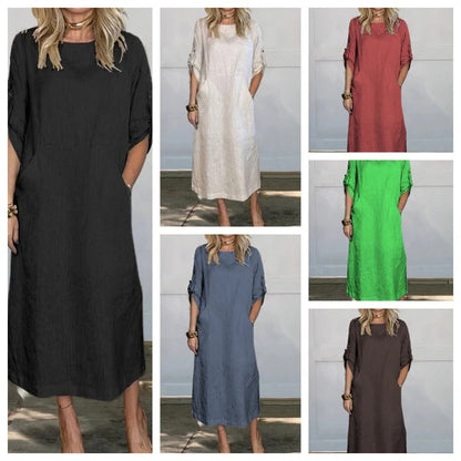 Damen Maxikleid – Linnen Stil – Lockerer Schnitt – Krempelärmel – Seitentaschen