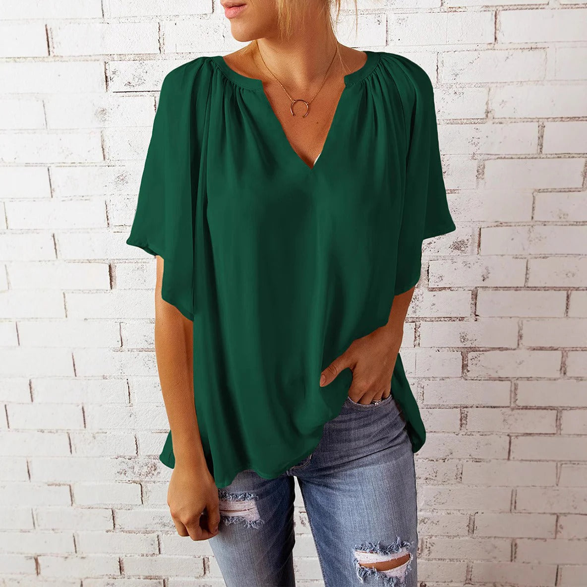 Damen Bluse – Lockerer Schnitt – V-Ausschnitt – Kurzarm – Leicht und Atmungsaktiv