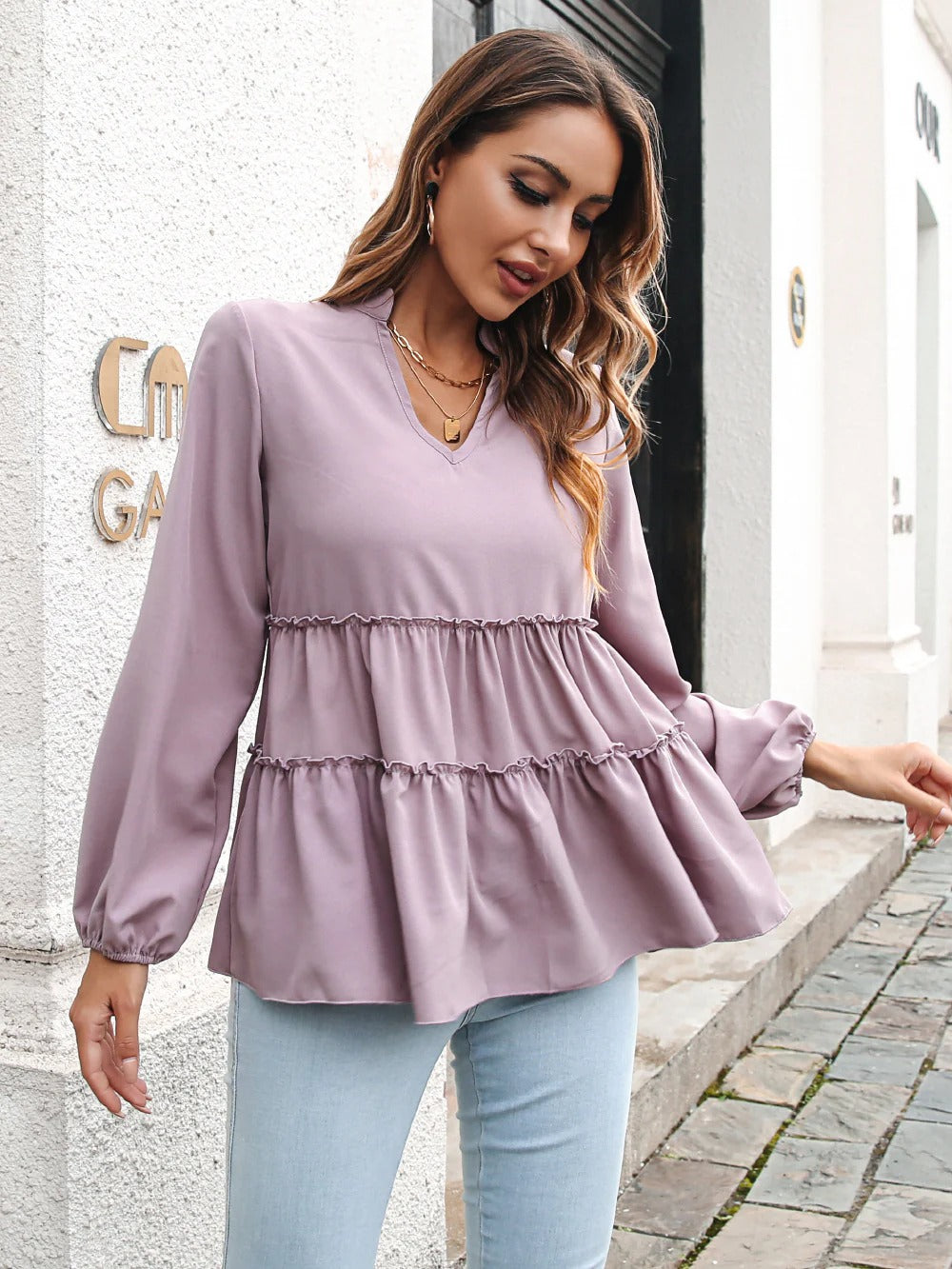Damen Bluse – V-Ausschnitt – Flounce-Lagen – Lockere Passform – Lange Ärmel