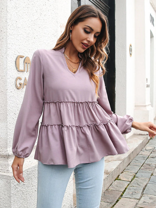 Damen Bluse – V-Ausschnitt – Flounce-Lagen – Lockere Passform – Lange Ärmel