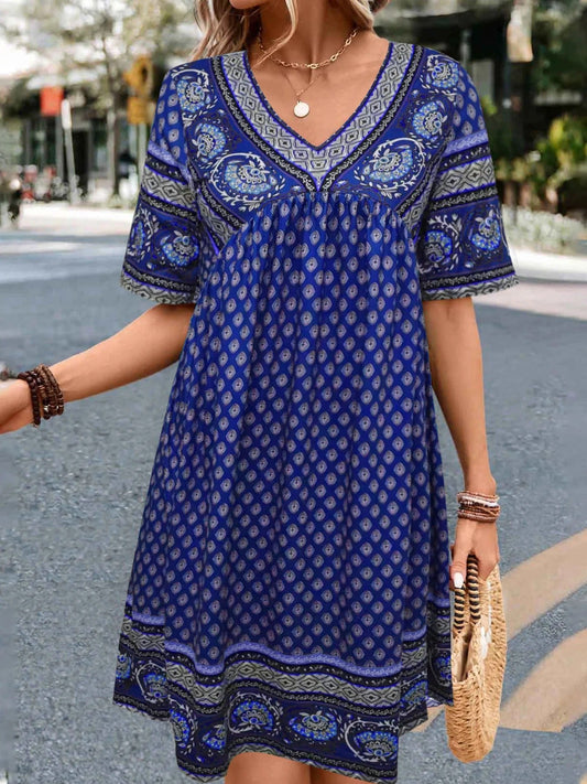 Damen Kleid – Lockerer Schnitt – V-Ausschnitt – Ethno-Muster – Baumwollgefühl – Knielang