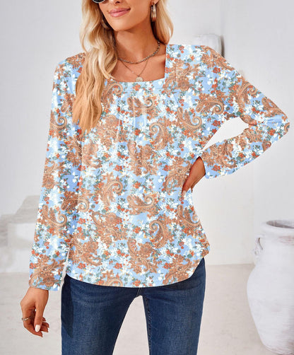 Damen Bluse – Lockerer Schnitt – Florales Paisley Muster – Langarm mit eckigem Ausschnitt