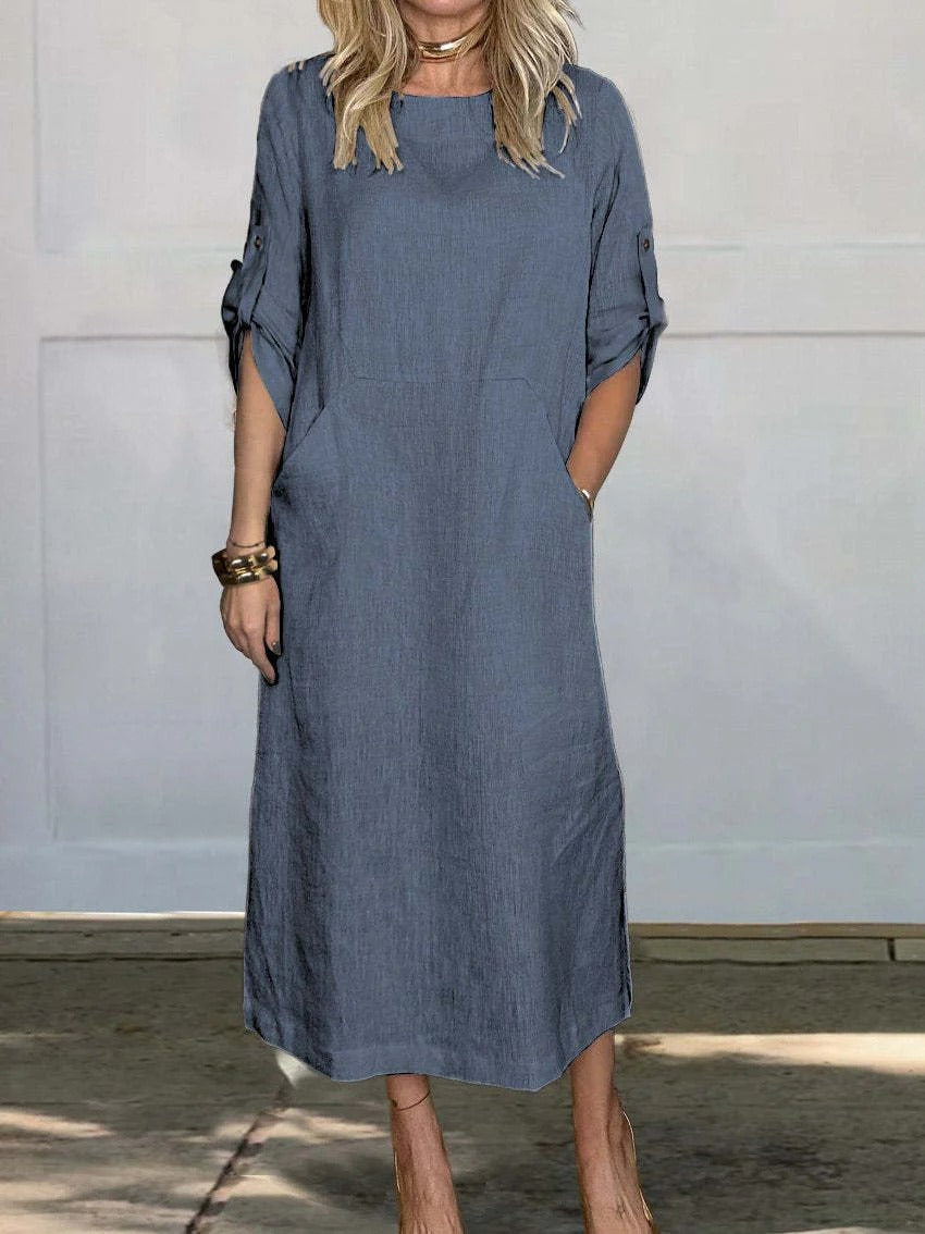 Damen Maxikleid – Linnen Stil – Lockerer Schnitt – Krempelärmel – Seitentaschen
