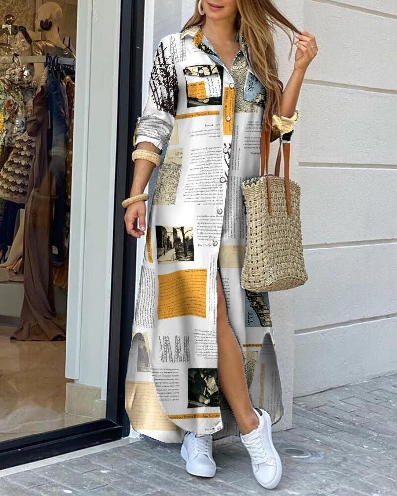 Damen Maxikleid – Relaxed Fit – Baumwollgefühl – Knopfleiste – Geometrischer Print