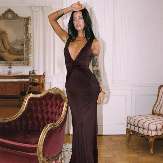Damen Maxikleid – Slim Fit – Ärmellos – Tiefer V-Ausschnitt – Knoten-Detail