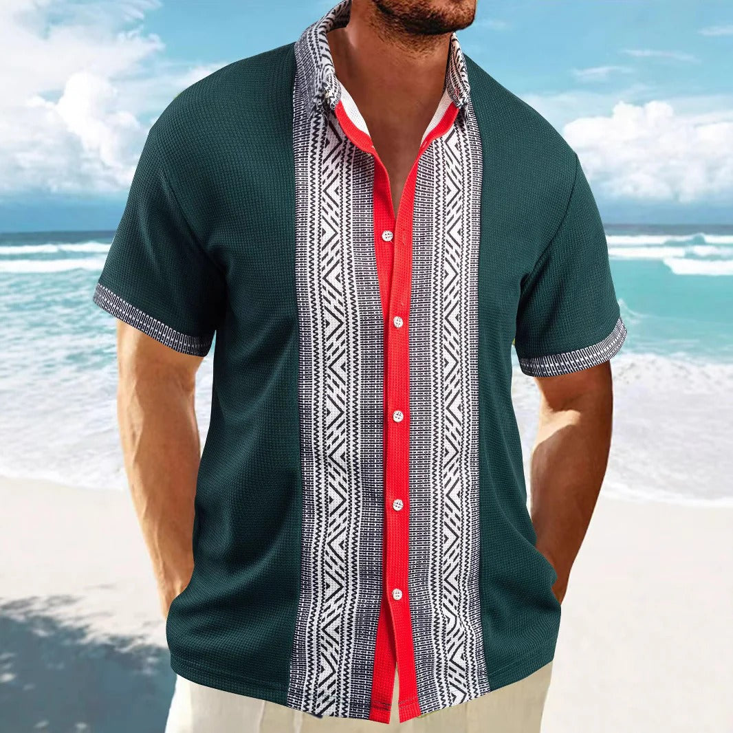 Herren Kurzarmhemd – Relaxed Fit – Ethno Muster – Atmungsaktiver Baumwollstoff