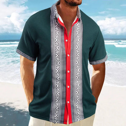 Herren Kurzarmhemd – Relaxed Fit – Ethno Muster – Atmungsaktiver Baumwollstoff