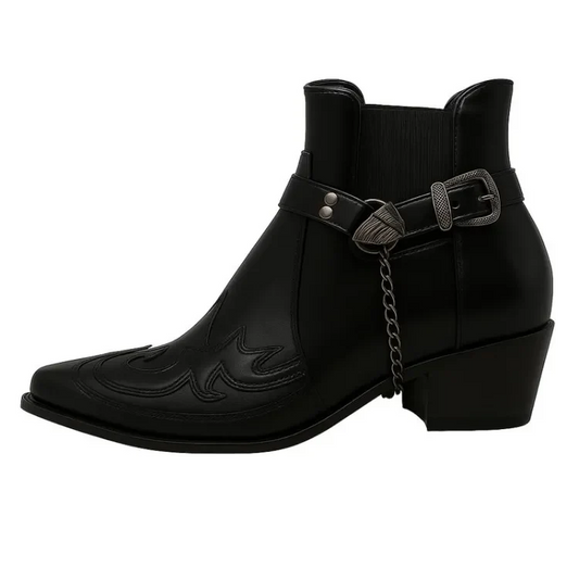 Herren Cowboy Stiefeletten – Leder – Spitz zulaufend – Harness mit Kette – Slip-On