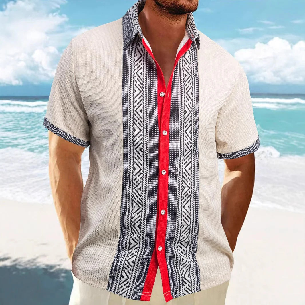 Herren Kurzarmhemd – Relaxed Fit – Ethno Muster – Atmungsaktiver Baumwollstoff