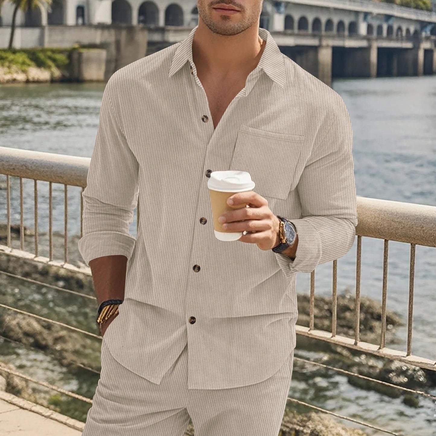 Herren Langarmhemd – Slim Fit – Baumwollgefühl – Gestreift – Knopfleiste