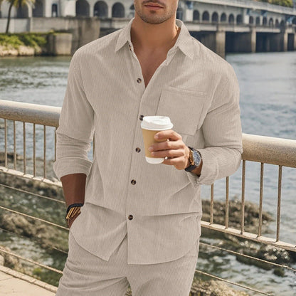 Herren Langarmhemd – Slim Fit – Baumwollgefühl – Gestreift – Knopfleiste