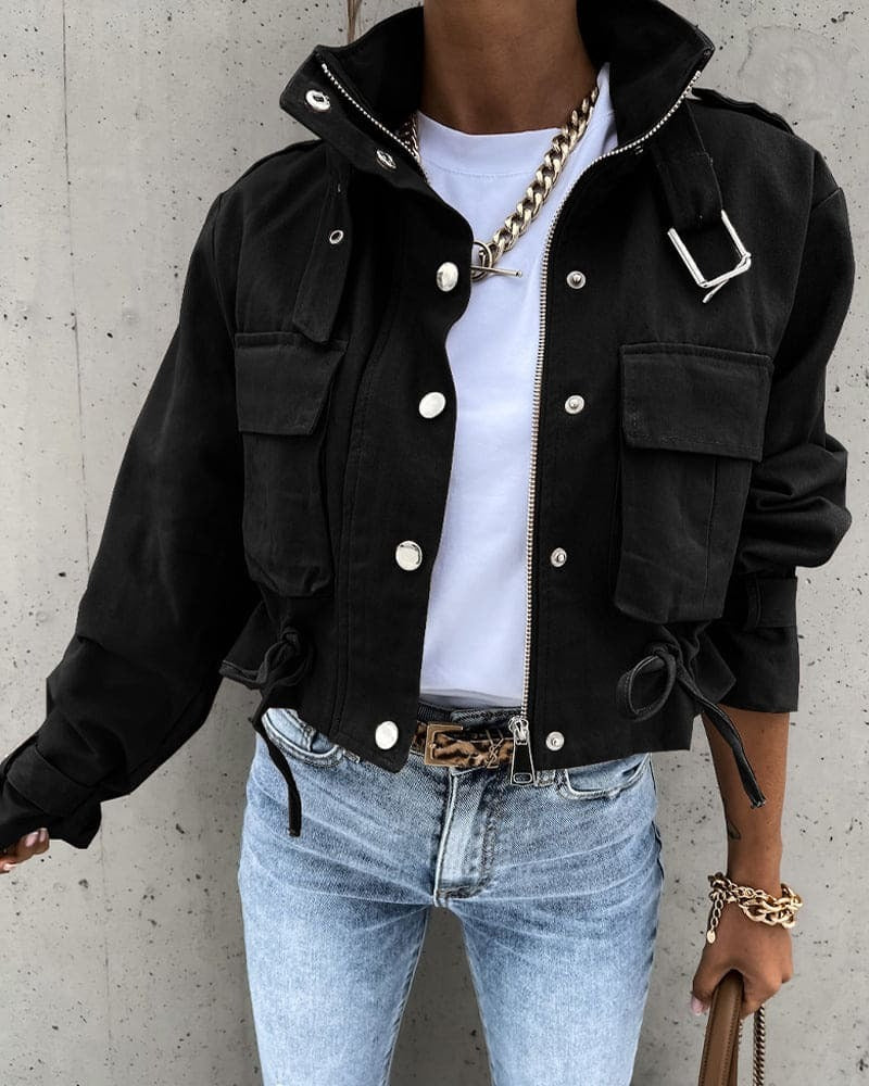 Damen Cropped Jacke – Cottonmix – Relaxed Fit – Utility Stil – Kordelzug Taille
