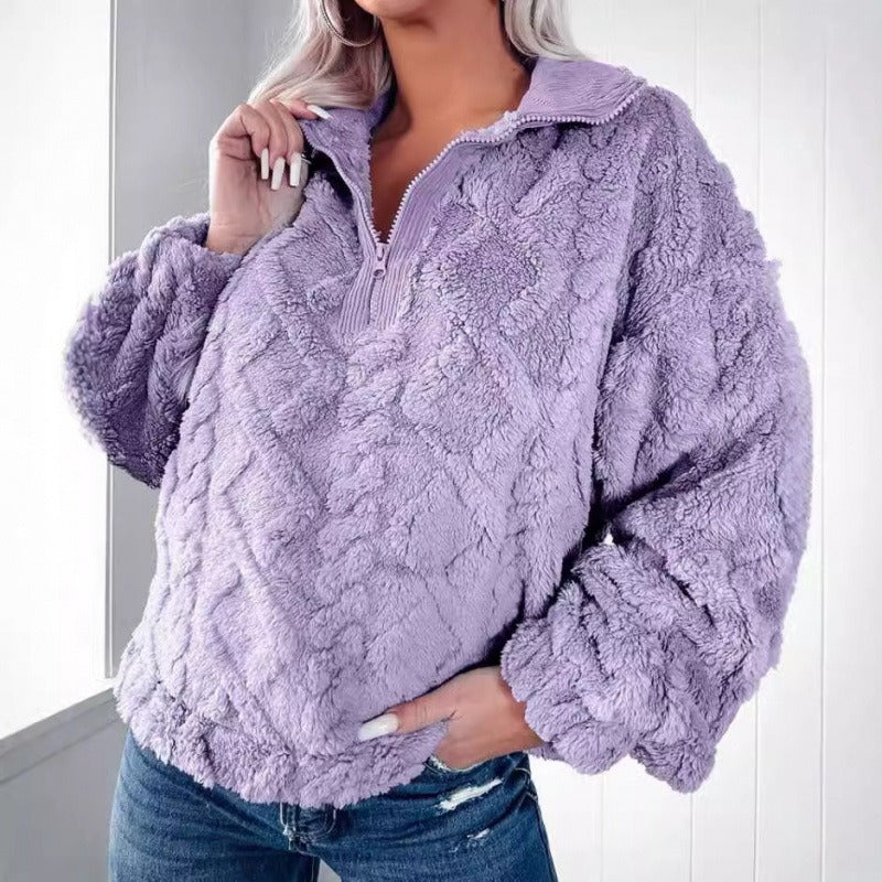 Damen Pullover Sweatshirt – Fleece – Oversize Passform – Half Zip Stehkragen
