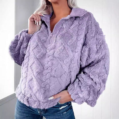 Damen Pullover Sweatshirt – Fleece – Oversize Passform – Half Zip Stehkragen