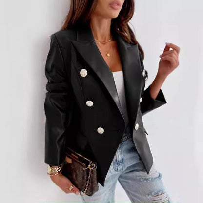 Damen Blazer – Taillierter Schnitt – Kunstleder-Optik – Doppelreihig – Strukturierte Schultern