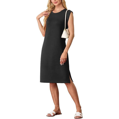 Damen Midikleid – Lockerer Schnitt – Baumwollmix – Ärmellos mit Taschen und Schlitz