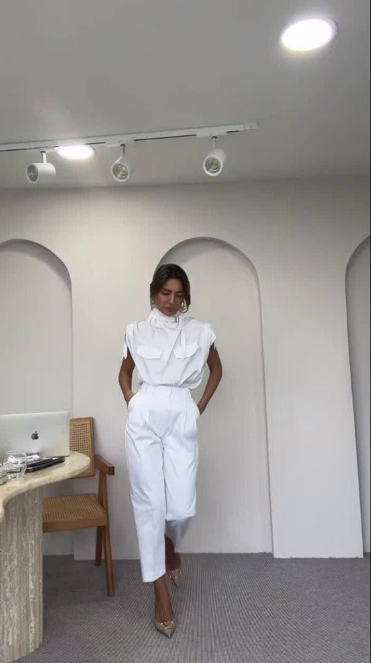 Damen Zweiteiler Set – Ärmelloses Rüschen Top – Weite High-Waist Hose – Cotton Mix