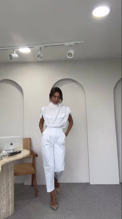 Damen Zweiteiler Set – Ärmelloses Rüschen Top – Weite High-Waist Hose – Cotton Mix