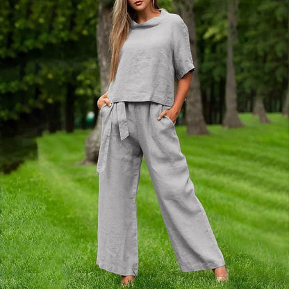 Damen Zweiteiler Set – Lockerer Schnitt – Kurzarm Oberteil – Weite Hose – Baumwollgefühl