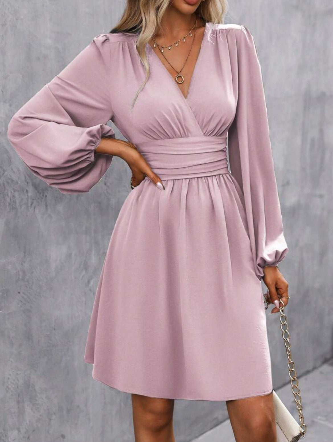 Damen Kleid – A-Linien Schnitt – Ballonärmel – Raffung in Taillenhöhe – V-Ausschnitt