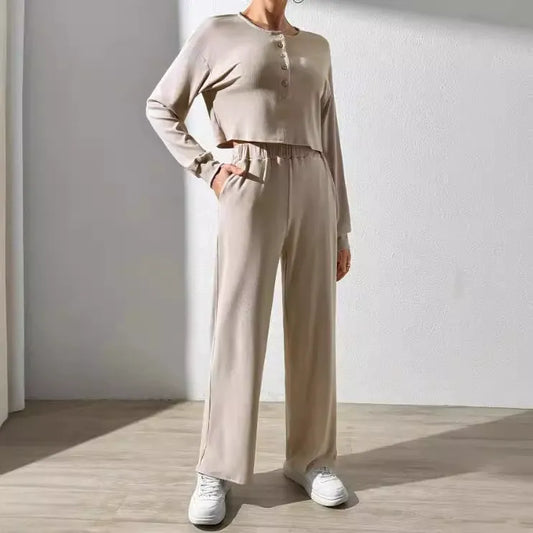 Damen Loungewear Set – Weicher Strick – Cropped Top – Weite Hose – Elastischer Bund