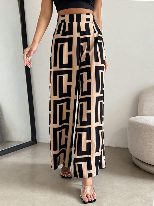 Damen Weitbein-Hose – Hoher Bund – Geometrisches Muster – Lockerer Schnitt – Weiches Material