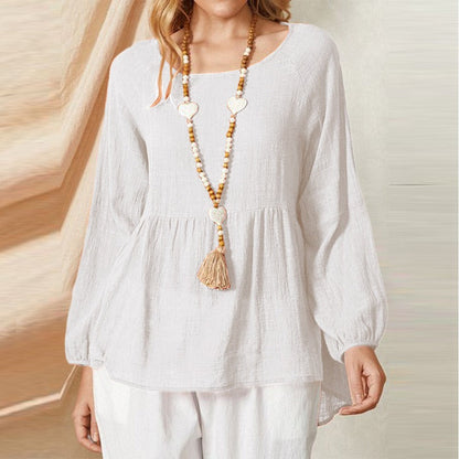 Damen Babydoll Bluse – Lockere Passform – Leichte Lanternärmel – Baumwoll-Look