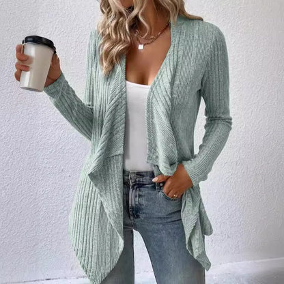 Damen Strickmantel – Wollmix – Lockerer Schnitt – Gerippt – Offene Front Drapiert